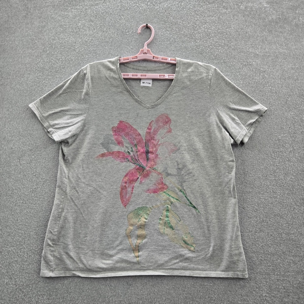 JM Collection Women Shirt 2X (18W-20W) Gray Floral Glitter V-Neck Pullover